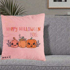 Perna Decorativa Happy Halloween Boo Trei Dovlecei Kawaii, 40x40 cm, Roz, Husa Detasabila, Perna Inclusa, BEKZ®