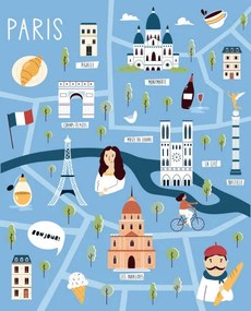 Ilustrație Colorful illustrated cartoon map of Paris,, undefined undefined