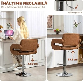 HOMCOM Taburet de Bar cu Înălțime Reglabilă, Scaun Înalt din PU cu Spătar, Suport pentru Picioare, Cotiere și Șezut Moale, Structură din Oțel, Rotativ la 360°, pentru Bucătărie, Maro | Aosom Romania