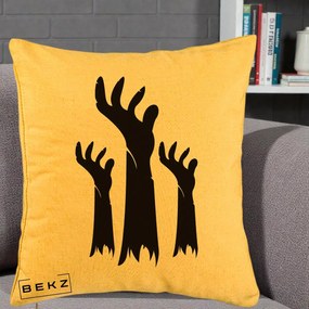 Perna Decorativa Halloween Maini Zombie Alb-Negru, 40x40 cm, Galben, Husa Detasabila, Perna Inclusa, BEKZ®