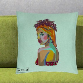 Perna Decorativa Portret Femeie Colorat Pop Art, 40x40 cm, Verde Menta, Husa Detasabila, Perna Inclusa, BEKZ®