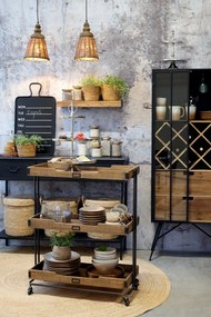 Vitrină bar din metal și lemn reciclat, rastel pentru sticle, suport pahare, finisaj negru antichizat, 170×65×36,5 cm, „Fonderie"