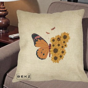 Perna Decorativa Fluture Floarea-Soarelui, 40x40 cm, Crem, Husa Detasabila, Perna Inclusa, BEKZ®