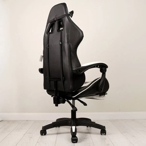 JAKS PREMIUM SCAUN GAMING REGLABIL ECO - PIELE NEGRU-ALB + PERNĂ DE MASAJ