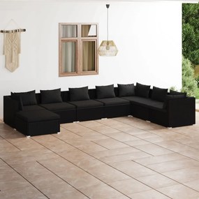 Set mobilier de gradina cu perne, 8 piese, negru, poliratan Negru, 3x colt + 4x mijloc + suport pentru picioare, 1