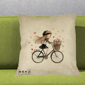 Perna Decorativa Fetita Kawaii pe Bicicleta cu Trandafiri si Inimioare, 40x40 cm, Crem, Husa Detasabila, Perna Inclusa, BEKZ®