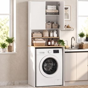 HOMCOM Dulap deasupra Mașinii de Spălat, 2 Uși Soft-Close, Raft Reglabil, 2 Rafturi Deschise, 68x59.8x188.6 cm, Alb și Stejar | Aosom Romania