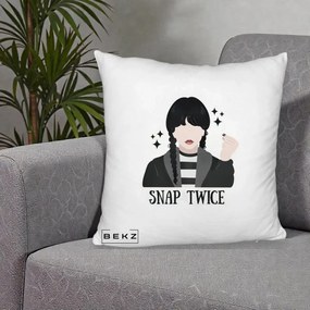 Perna Personalizata Wednesday Snap Twice, 40x40 cm, Alb Pufos, Husa Detasabila, Perna Inclusa, BEKZ®