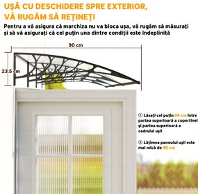 Outsunny Copertina pentru exterior, curbata cu suruburi si buloane incluse, copertina din policarbonat, PP si aluminiu, 295x90x23.5cm