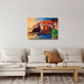 Tablou pe sticlă - Satul de coastă Cinque Terre, Riviera italiană, impresionismul modern (70x50 cm)