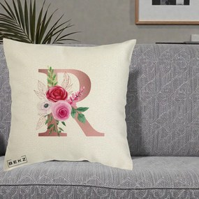 Cadou Personalizat - Perna Personalizata Monograma Rose Gold Litera R, 40x40 cm, Ecru, Husa Detasabila, Perna Inclusa, BEKZ®