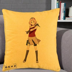 Perna Personalizata Naruto Sakura Haruno Portret, 40x40 cm, Galben, Husa Detasabila, Perna Inclusa, BEKZ®