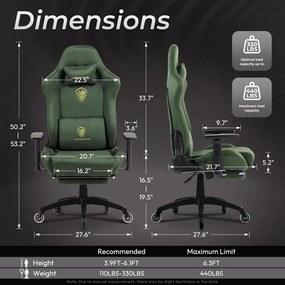 RESIGILAT- DOWINX 68A - Scaun Gaming Ergonomic, Extra-Lat și Construcție Heavy-Duty, Masaj in perna lombara, Material Textil respirabil, Suport picioare, Roti Silicon, Rezistent 150 kg, Verde