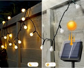 Ghirlandă solară decorativă, 50 LED, 8 funcții, 500 mAh, 9,5 m, IP67, alb cald
