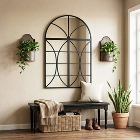 HOMCOM Oglindă de perete arcuită 80 x 120 cm, set de 3 bucăți, oglindă tip vitraliu în formă de fereastră, sticlă securizată și metal, negru | Aosom Romania