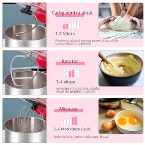 Mixer planetar HOMCOM cu 6 viteze de 1200W, cu bol 5.5l, carlig framantare si 2 teluri, rosu | Aosom RO