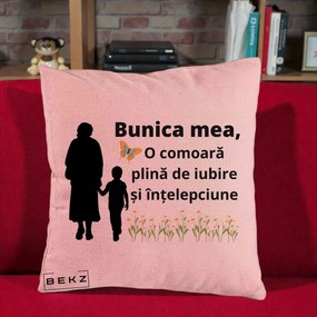 Cadou pentru Bunica - Perna Personalizata Bunica Mea Comoara cu Fluture si Baietel, 40x40 cm, Roz, Husa Detasabila, Perna Inclusa, BEKZ®