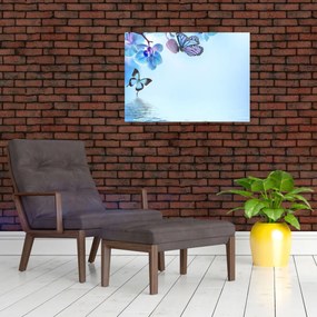 Tablou pe sticlă - Fluture pe flori de orhidee, albastru (70x50 cm)
