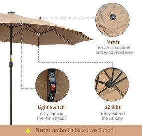 Outsunny Umbrelă Solară LED 4.5m, Sistem de Deschidere cu Manivelă, Rezistentă la Apă, Kaki | Aosom Romania