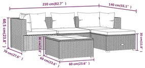 Set mobilier de gradina cu perne, 5 piese, negru, poliratan negru si crem, 2x colt + mijloc + suport pentru picioare + masa, 1