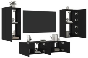3216847 vidaXL Unități de perete TV cu LED-uri, 4 piese, negru, lemn prelucrat