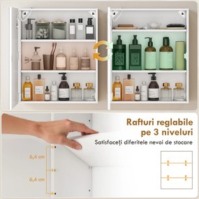 HOMCOM Dulap Baie cu Oglindă și LED, 50x15x60 cm, Anti-Aburire, Rafturi Reglabile, 3 Temperatură de Lumină, Dulap Suspendat din MDF, Alb | Aosom Romania