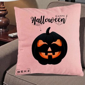 Perna Decorativa Happy Halloween Dovleac Negru cu Paianjen, 40x40 cm, Roz, Husa Detasabila, Perna Inclusa, BEKZ®