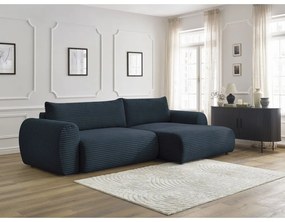 Colțar albastru închis extensibil cu tapițerie din catifea reiată (cu colț pe partea dreaptă) Lucien – Bobochic Paris