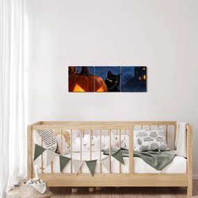 Tablou - Pisică neagră lângă un dovleac luminat de Halloween (cu ceas) (90x30 cm)