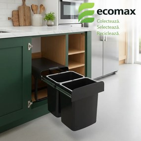 Cos gunoi incorporabil Ecomax Ekko Black Bio 40, cu extragere totala, colectare selectiva, negru, 2 x 16 l H:365 mm; L:355 mm; A:473 mm, Plastic 100%