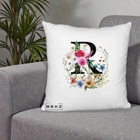 Cadou Personalizat - Perna Personalizata Monogram Litera R cu Flori Acuarela, 40x40 cm, Alb Pufos, Husa Detasabila, Perna Inclusa, BEKZ®