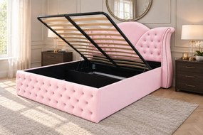 Pat tapițat Chesterfield din catifea Velora Cristal 160×200 cm, roz, cu ladă de depozitare