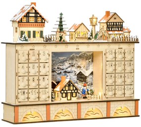 HOMCOM Calendar de  Advent din Lemn cu 24 de Sertare de Umplut, Decoratiune cu  Satul de Craciun si Lumini, 44x10x37cm