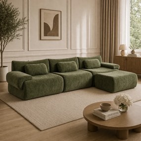 VELORA – Canapea Modulară din Chenille Premium, din spumă de înaltă densitate, L-Shape, 3 perne, Ultra Confort & Design Reconfigurabil, Verde