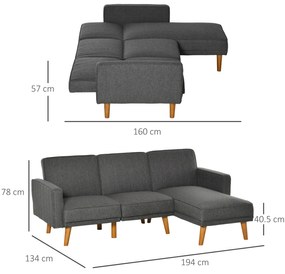 HOMCOM Canapea Extensibila din Tesatura Gri, Canapea Coltar cu 3 Locuri cu Scaun Reversibil si Spatar Reglabil