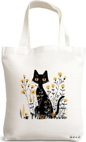 Sacosa de Panza pentru Cumparaturi, Geanta Tote, model Cat and Flowers 12, 38 x 34.5 cm, Alba, BEKZ®