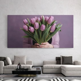 Tablou Canvas, 50x100cm, Dormitor si Living, Flori, Lalele, Holding Pink Tulips