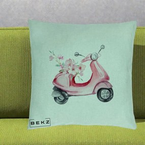 Perna Decorativa Scuter Roz cu Flori Acuarela, 40x40 cm, Verde Menta, Husa Detasabila, Perna Inclusa, BEKZ®