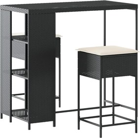 vidaXL Set mobilier bar de grădină cu perne, 3 piese, negru, poliratan