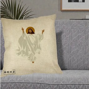 Perna Decorativa Iisus Hristos Invierea Silueta Minimalista, 40x40 cm, Crem, Husa Detasabila, Perna Inclusa, BEKZ®