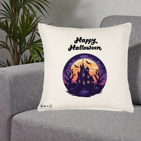 Perna Decorativa Happy Halloween Casa Bantuita Violet, 40x40 cm, Crem Reliefat, Husa Detasabila, Perna Inclusa, BEKZ®