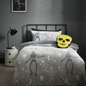 Lenjerie de pat fosforescentă pentru copii gri din micropluș/cocolino pentru pat de o persoană 135x200 cm Halloween Skeleton – Catherine Lansfield