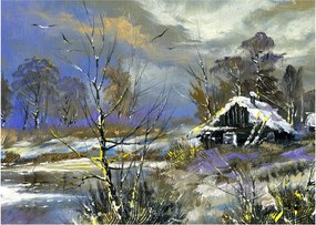 Tablou -Cabane într-un peisaj de iarnă, pictură în ulei (70x50 cm)