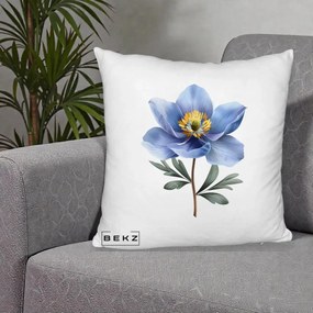 Perna Decorativa Anemona Albastra Botanica, 40x40 cm, Alb Pufos, Husa Detasabila, Perna Inclusa, BEKZ®