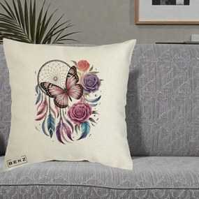 Perna Personalizata Prinzator de Vise cu Fluture si Trandafiri, 40x40 cm, Ecru, Husa Detasabila, Perna Inclusa, BEKZ®
