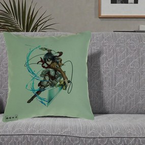 Perna Personalizata Attack on Titan Mikasa Ackerman Lupta, 40x40 cm, Verde, Husa Detasabila, Perna Inclusa, BEKZ®