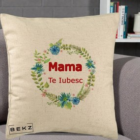 Cadou pentru Mama - Perna Personalizata Mama Te Iubesc Flori Albastre, 40x40 cm, Bej, Husa Detasabila, Perna Inclusa, BEKZ®