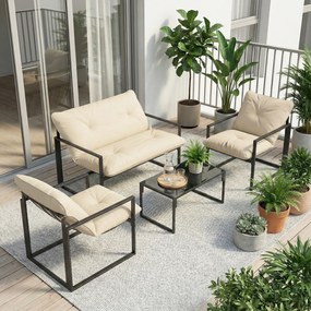 Outsunny Set Mobilier de Exterior cu Masă din Sticlă, Canapea, 2 Fotolii și Perne, Bej | Aosom Romania