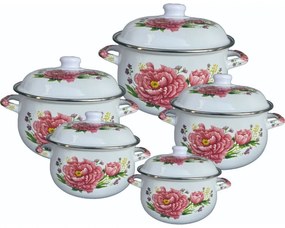 Set 5 oale cu capac emailat Rosberg R54518G5, 10 piese, Emailate, Inducție, Alb/Imprimeu floral