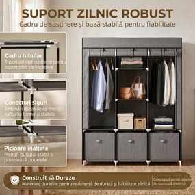 HOMCOM Șifonier din Pânză, Garderob Pliabil cu Rafturi și Sertare, Uși care se Rulează cu Fermoar, 125x43x162.5 cm, Gri | Aosom Romania